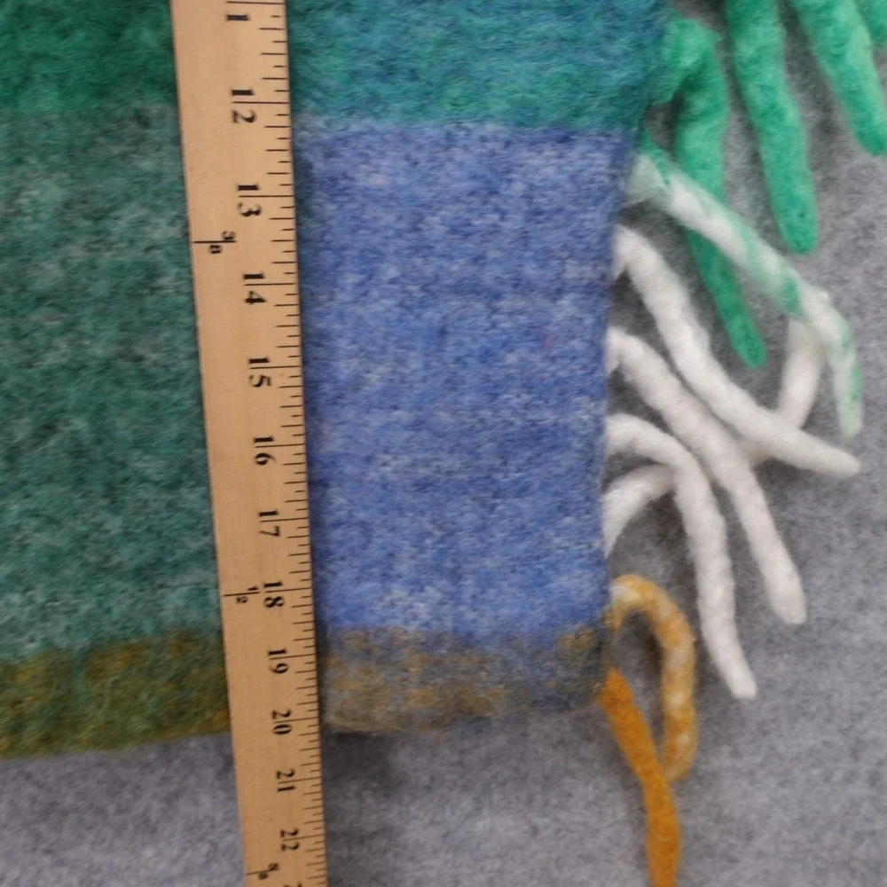 Boho Plaid Throw Wool Pillow Cover Green Block Check Brush Fringe OUI 20 Square